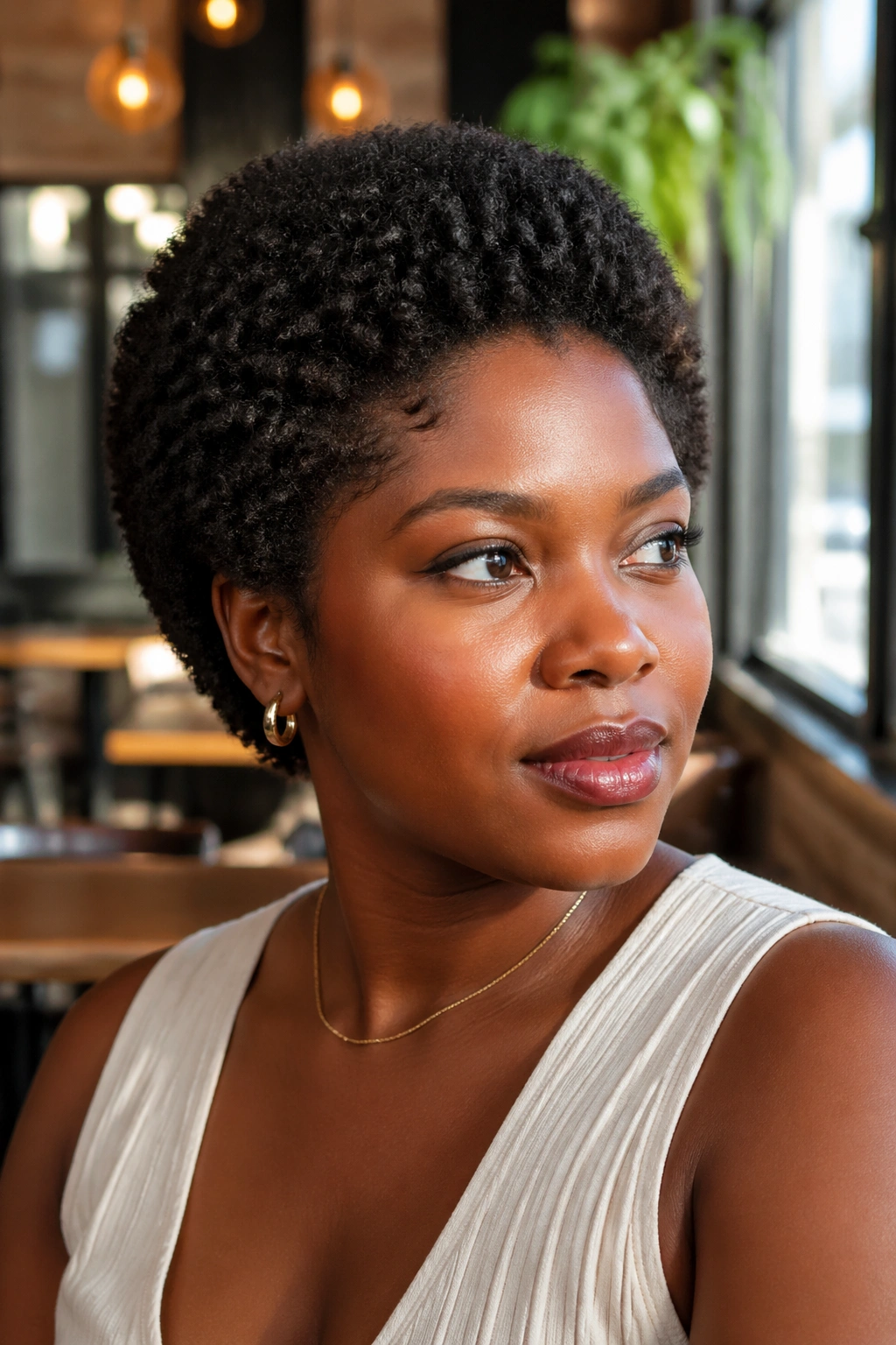 Close-up portrait of a real woman with a short rounded crochet afro crop in a sunlit cafe