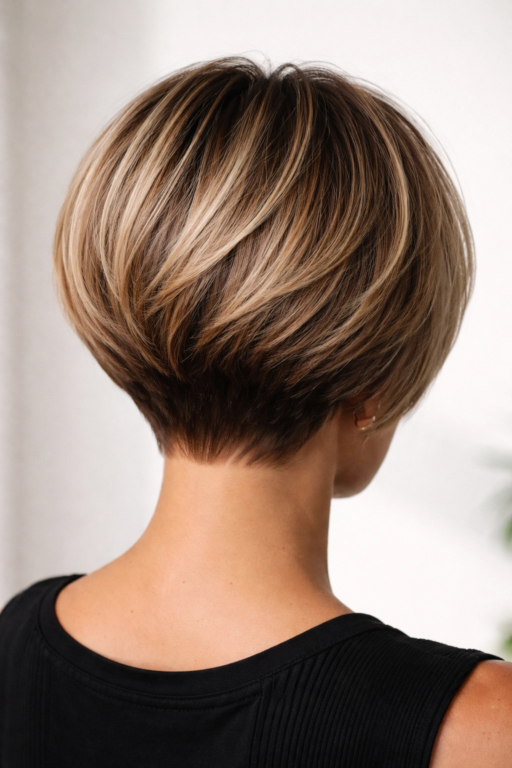 Back view of short stacked bob with high crown lift and compact nape.