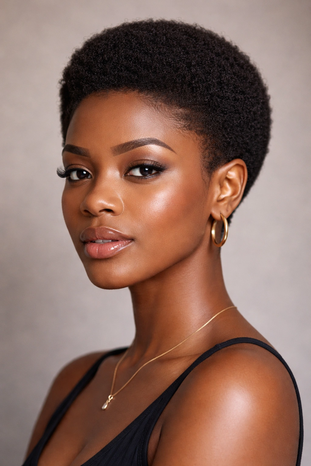 Close-up of a short TWA Afro with sharp, sculpted edges.
