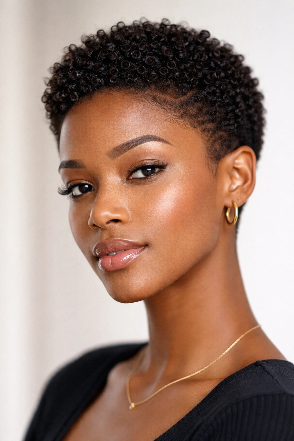 Close-cropped afro with defined spiral coils.