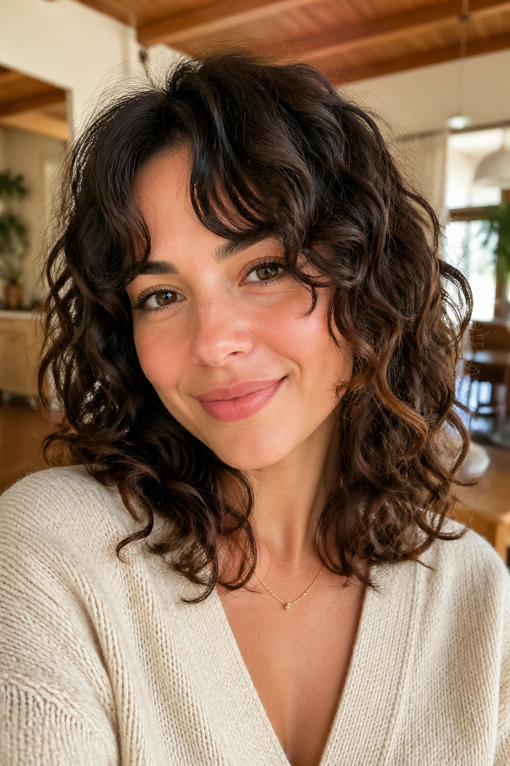 Shoulder-length curly shag with curtain bangs, front view