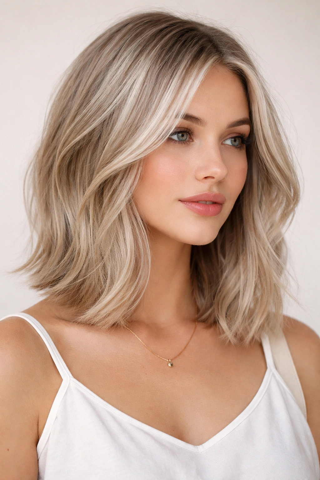 Shoulder-length lob with pearl ash babylights for natural brightness
