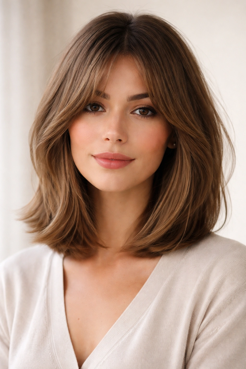 Shoulder-length bob with curtain bangs blending into front layers
