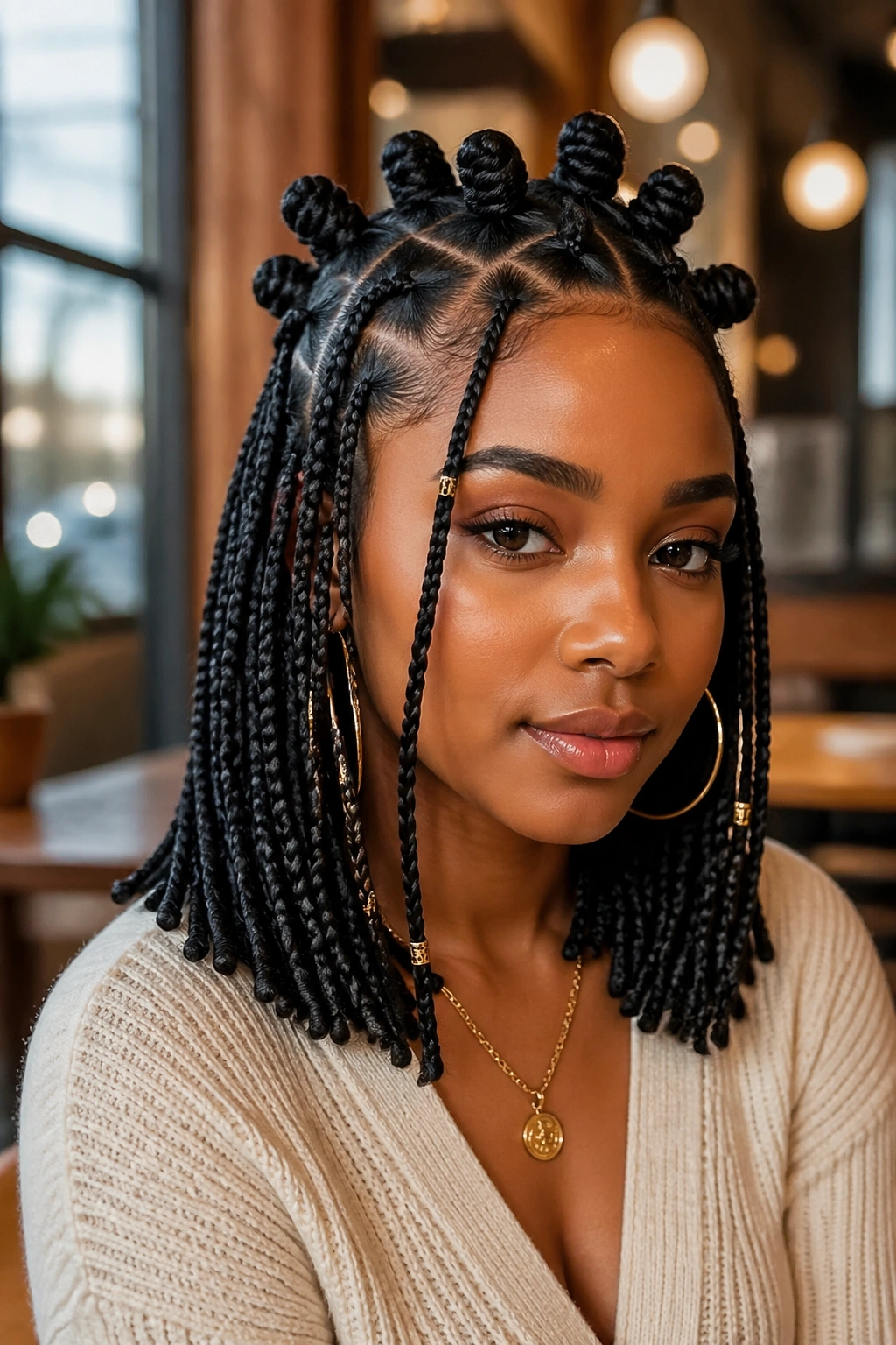 Shoulder-length Fulani braids with two rows of knots on a real woman