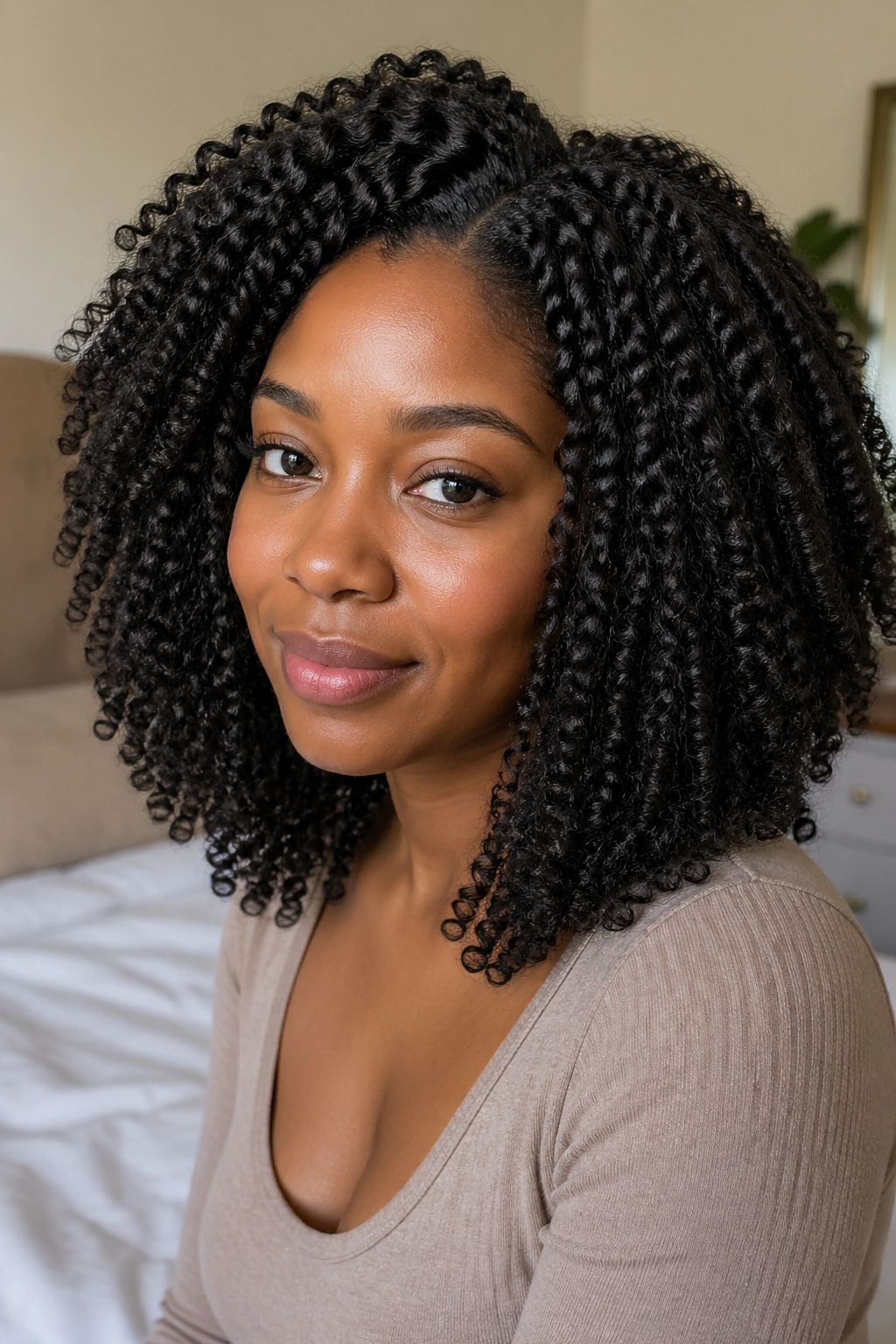 Close-up portrait of a real woman with a shoulder-length kinky curl crochet afro in soft bedroom light