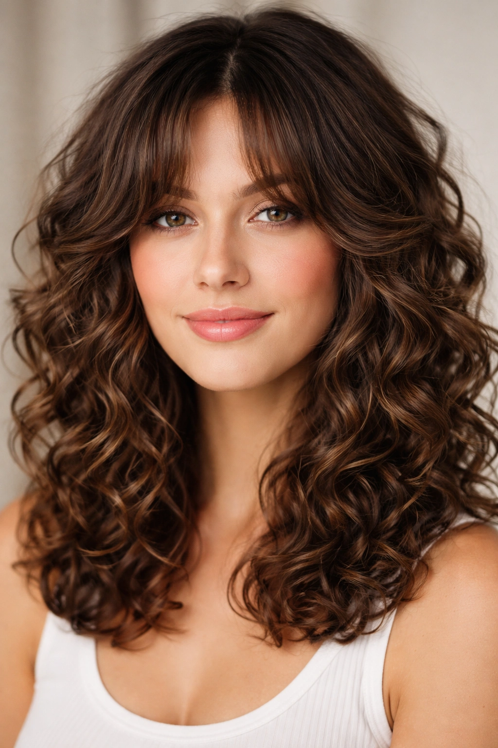 Shoulder-length curls with curtain bangs framing the face