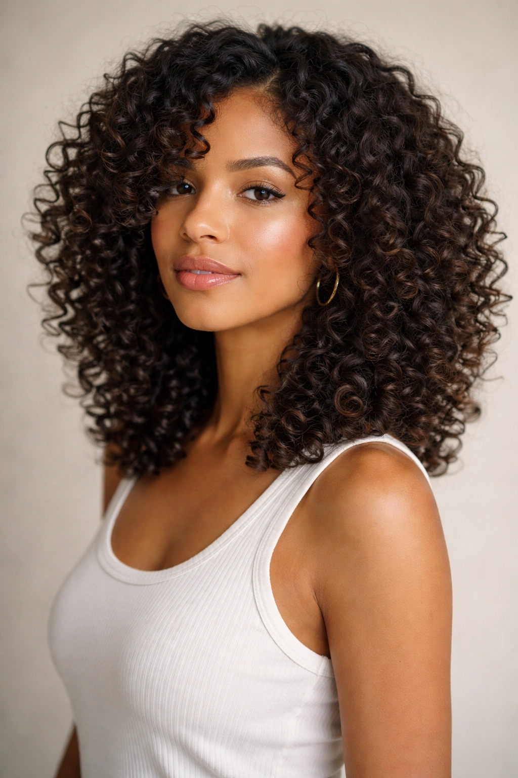 Shoulder-length layered curly haircut with defined layers