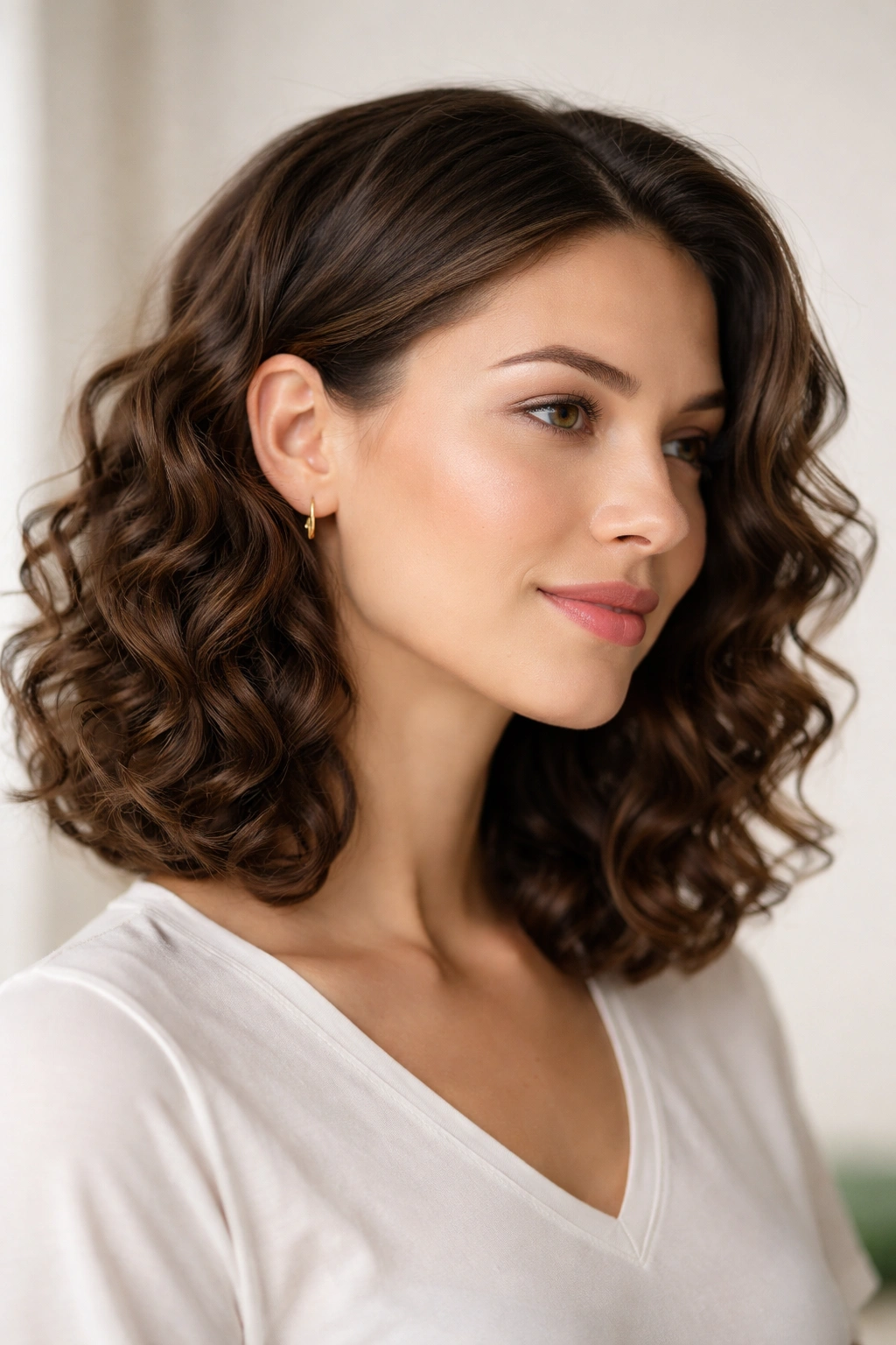 Shoulder-length curls tucked behind one ear for a polished asymmetrical look
