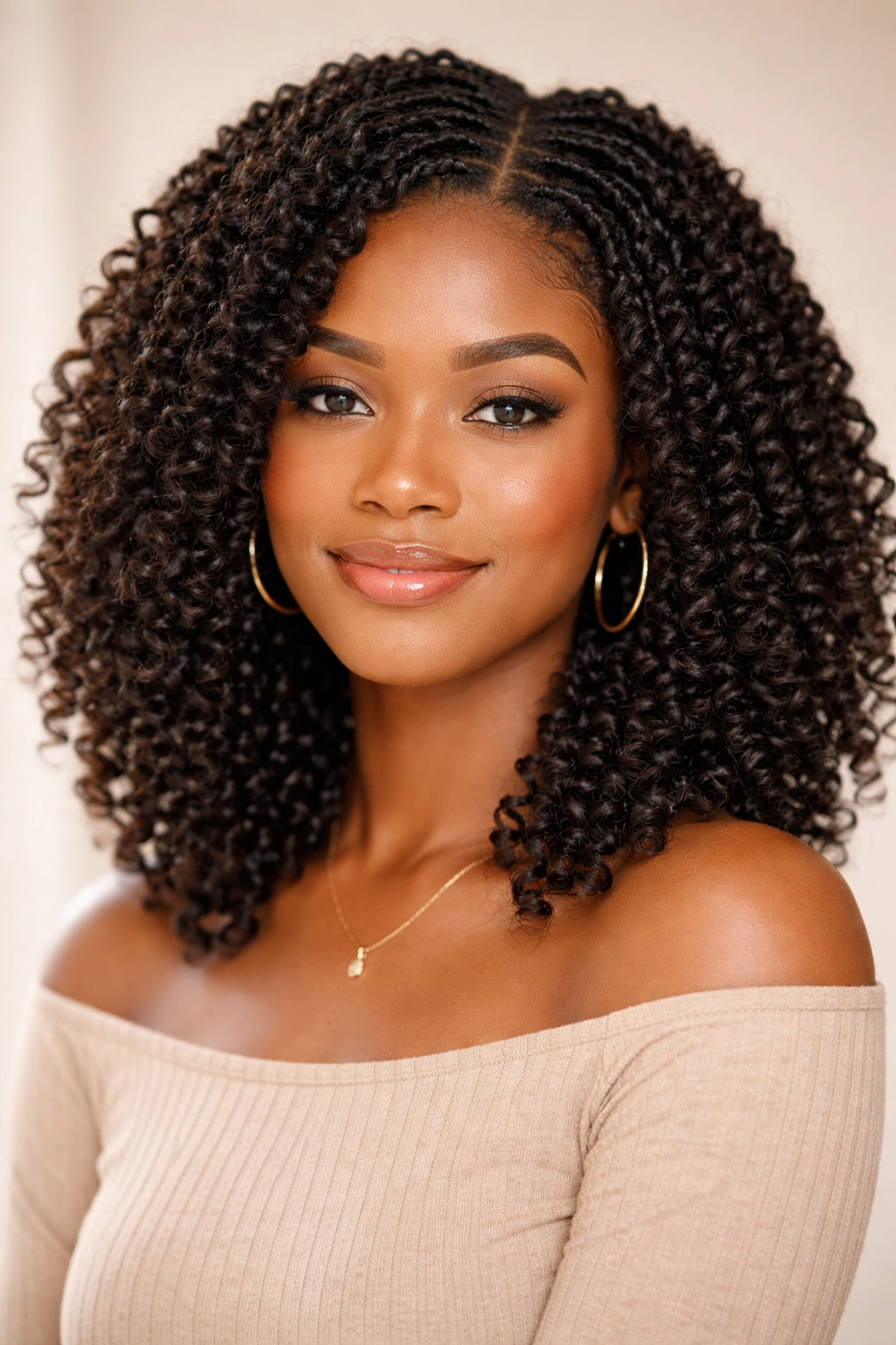 Close-up of shoulder-length curly crochet braids on afro-textured hair