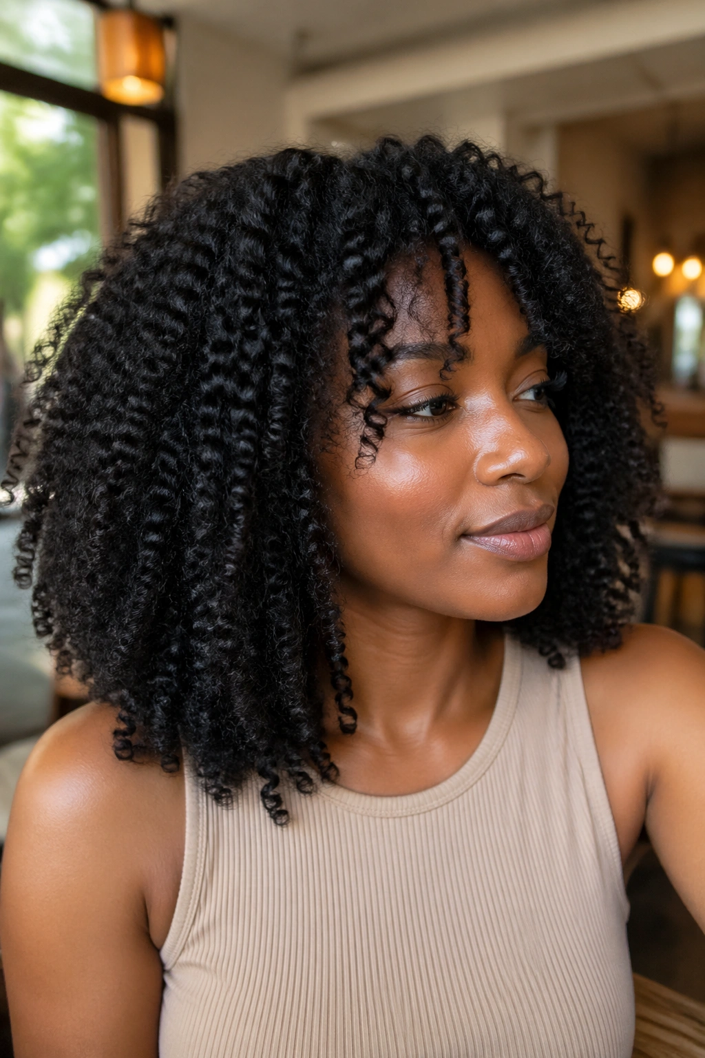 Close-up of a real woman wearing a Shoulder-Length Kinky Curly Wig With Movement