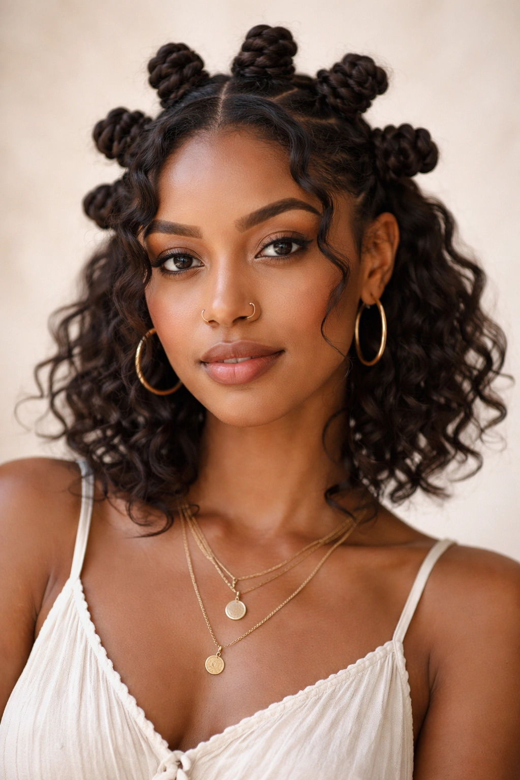 Shoulder-length hair knot bob around head