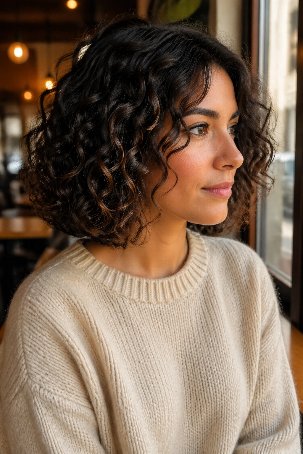 Close-up of real woman with shoulder-skimming curly bob and invisible layers