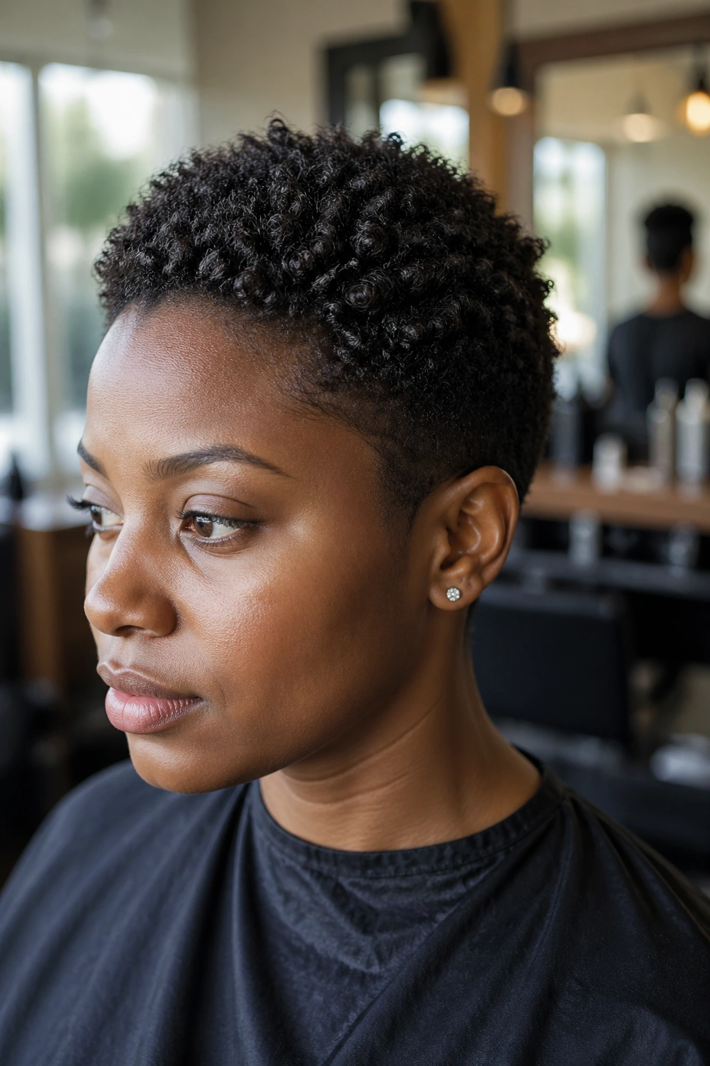 Close-up of real person's short curly afro showing crown shrinkage