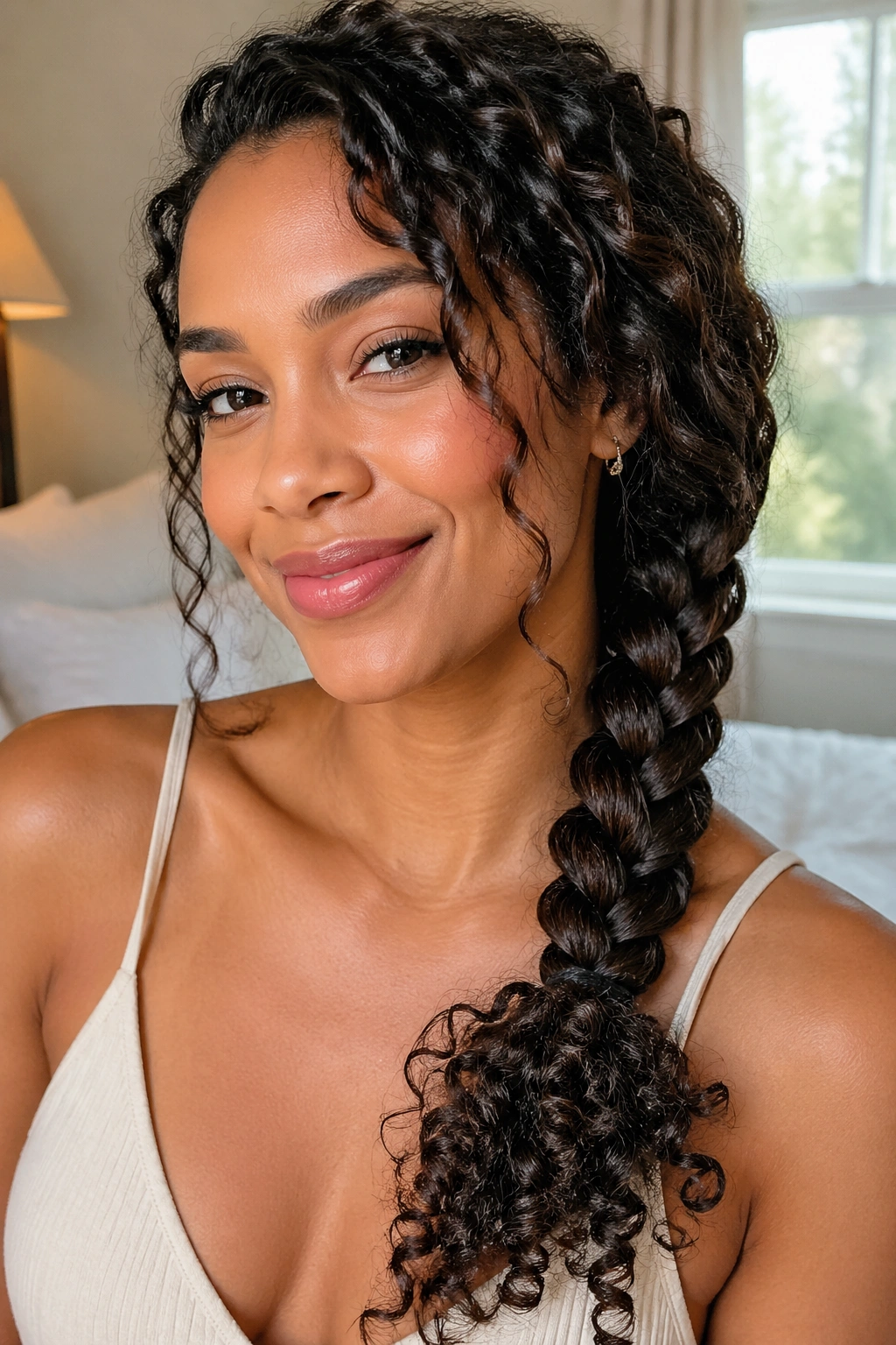 Close-up of a real woman with a loose side braid and curly ends in warm window light