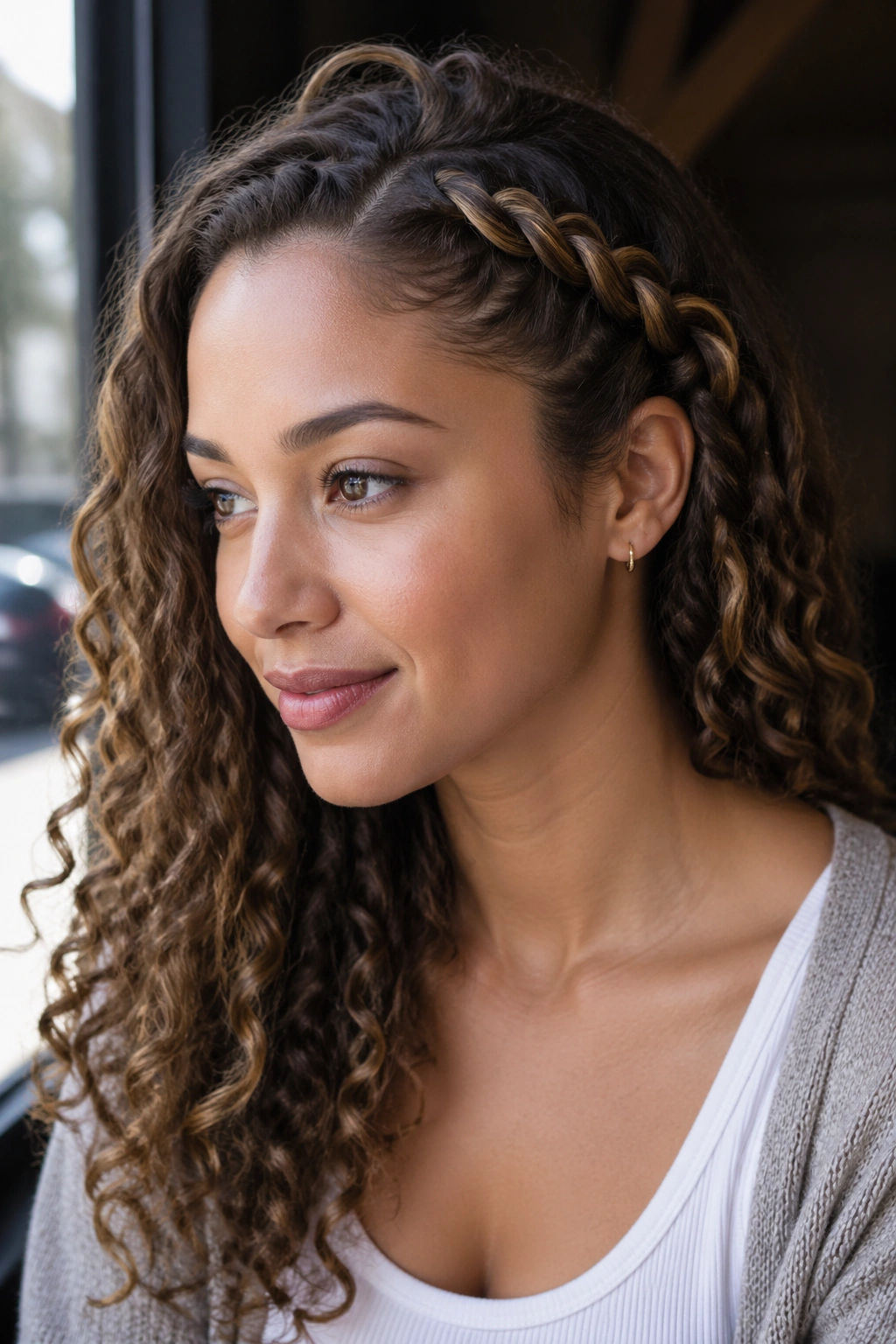 Real woman with a loose side braid keeping curls exposed.