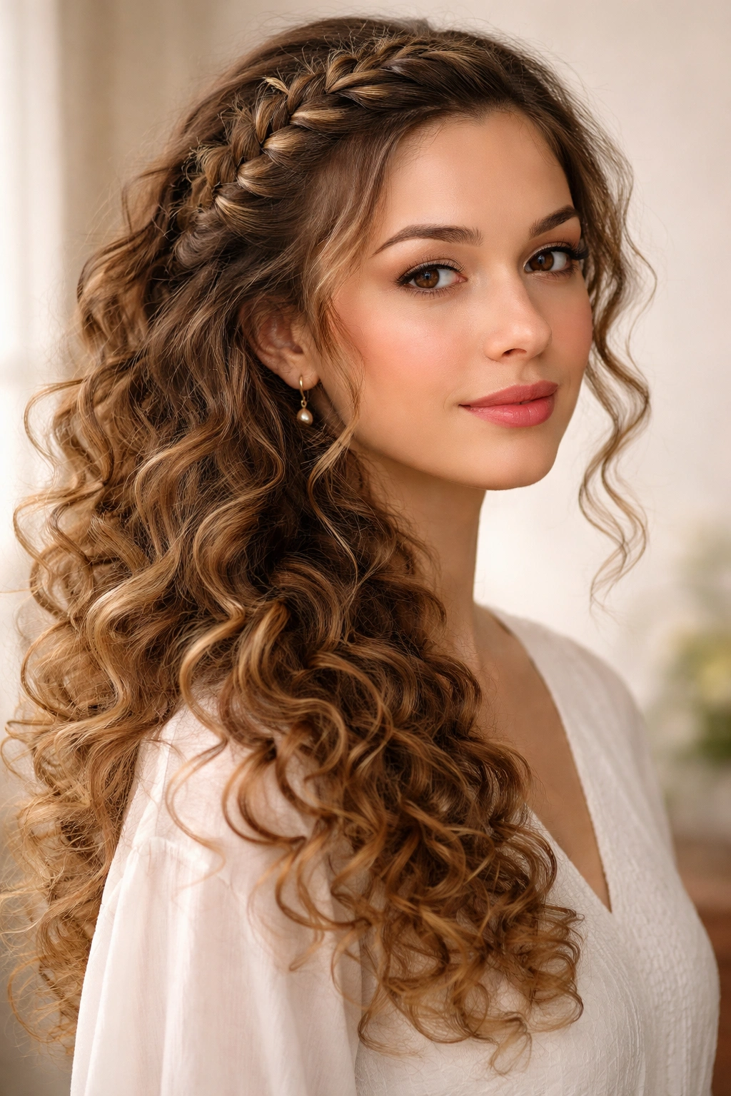 Side braid along the front with loose curls cascading on the other side
