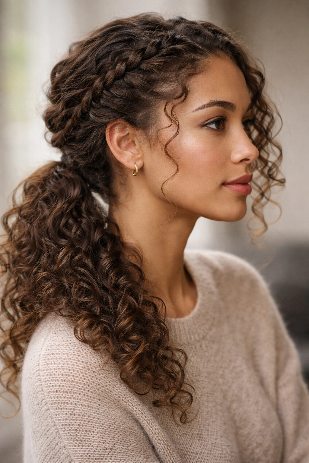 Side braid flowing into a low ponytail for curly hair