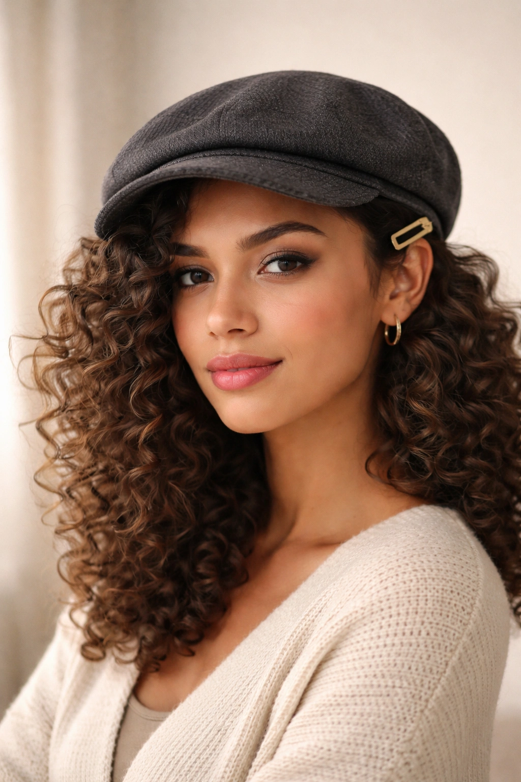 Curls side-clipped near temple under a newsboy cap