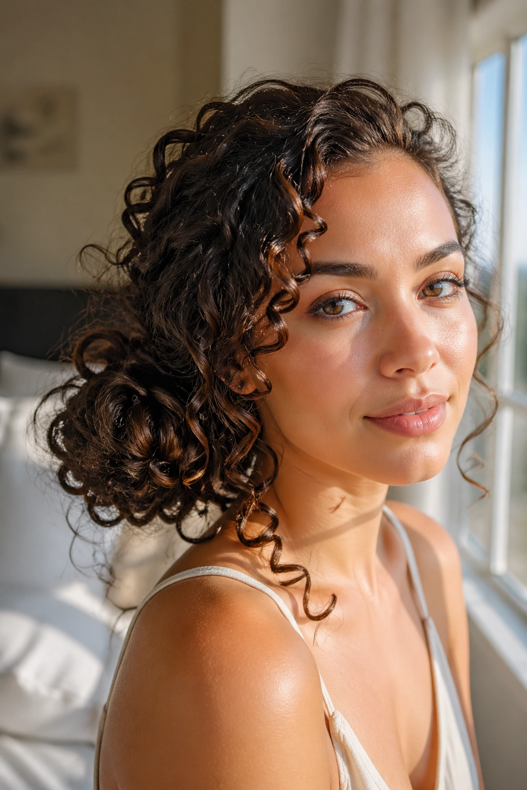 Close-up portrait of a real woman with a side curly bun in warm window light