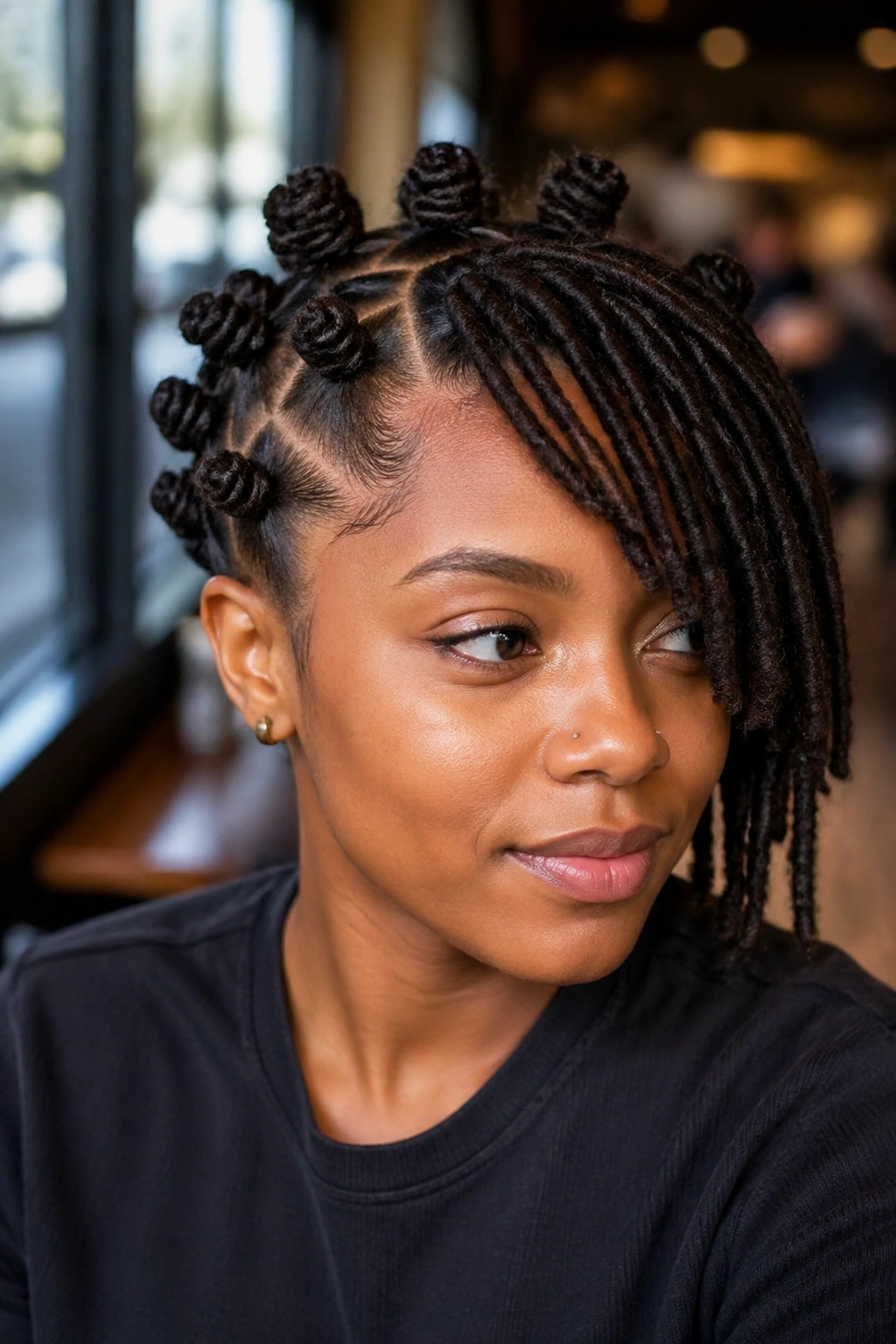 Close-up portrait of a person with a side-fringe knot set on locs, fringe along the forehead