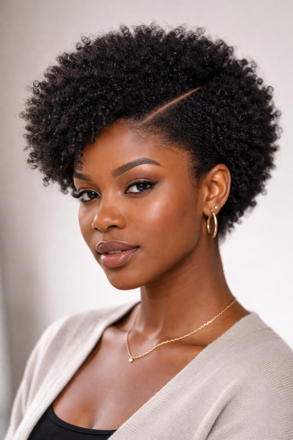 Close-up of side-parted cropped Afro showing defined part and lifted roots