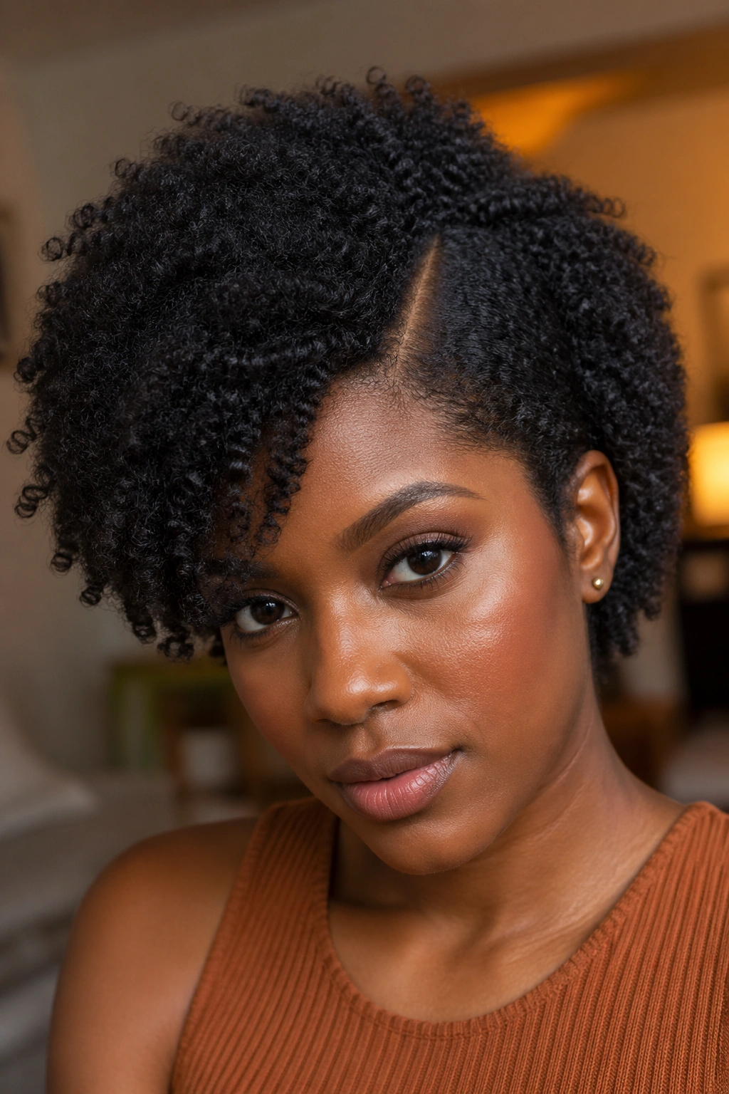 Real person with side-part afro and soft volume, visible part line.