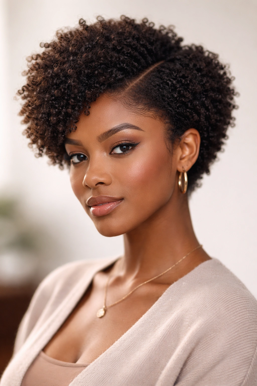 Side-parted afro with a crisp part line and lifted roots