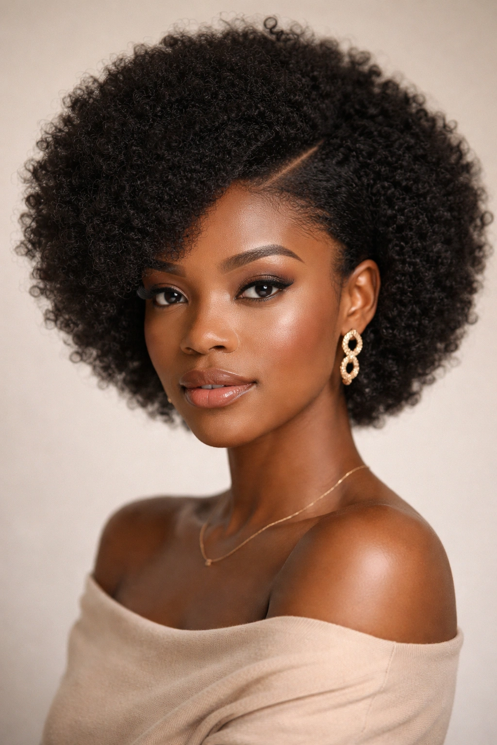 Side-part afro with sculpted shape and diagonal part line