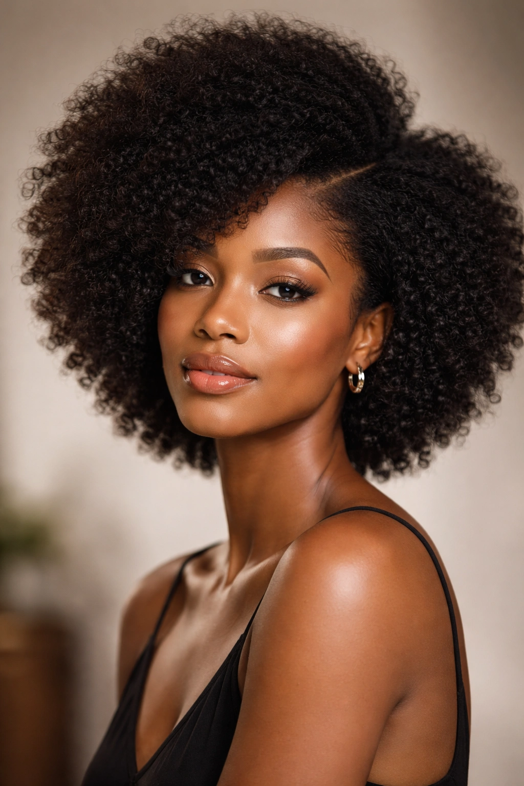 Side-parted Afro with root lift and volume on one side.