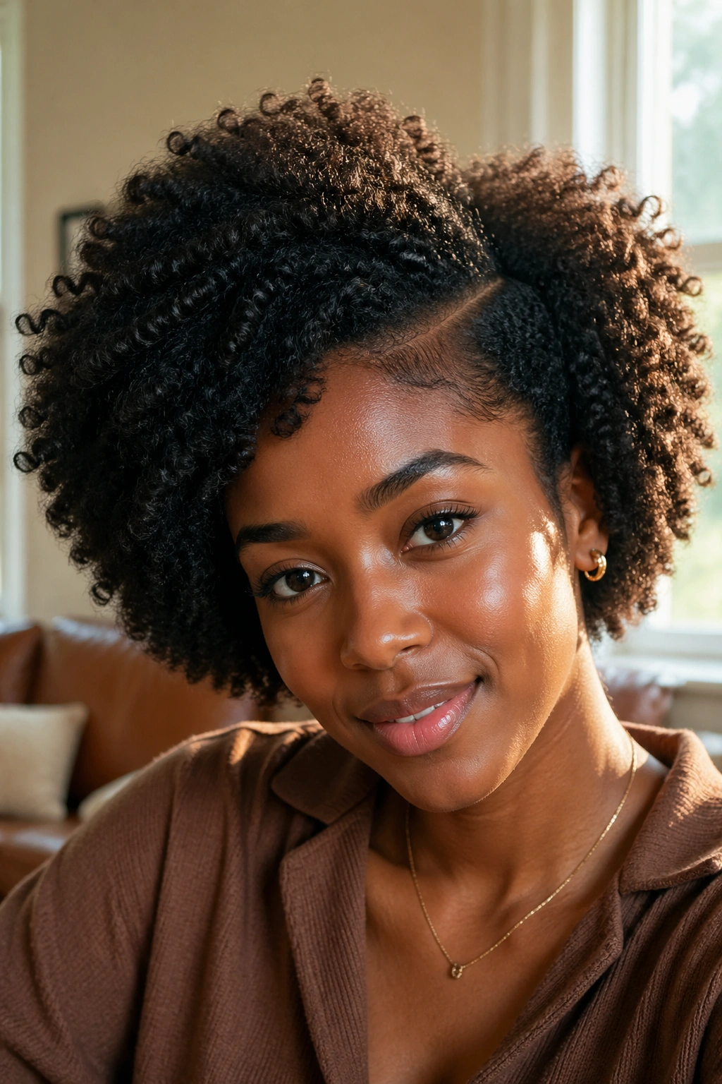 Close-up of a person with a natural side-parted afro in warm window light