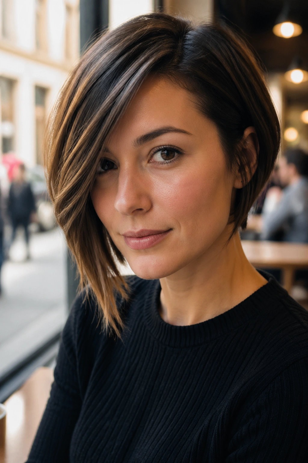 Close-up portrait of a real woman with a side-part asymmetrical bob showing one longer side.