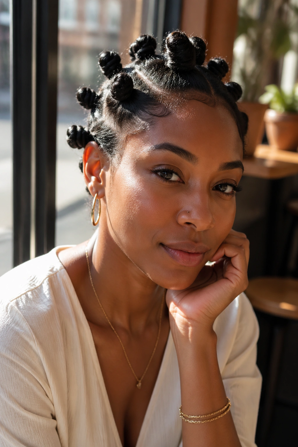 Portrait of a real person with side-parted knots and a soft swept look on one side.