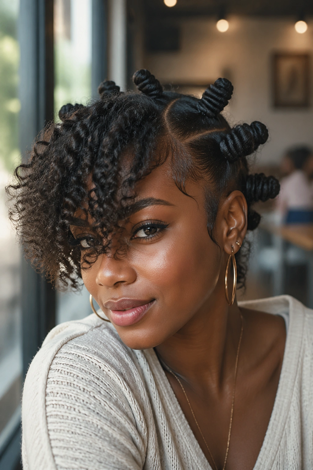 Close-up of side-part Bantu knots with curly fringe on a real person