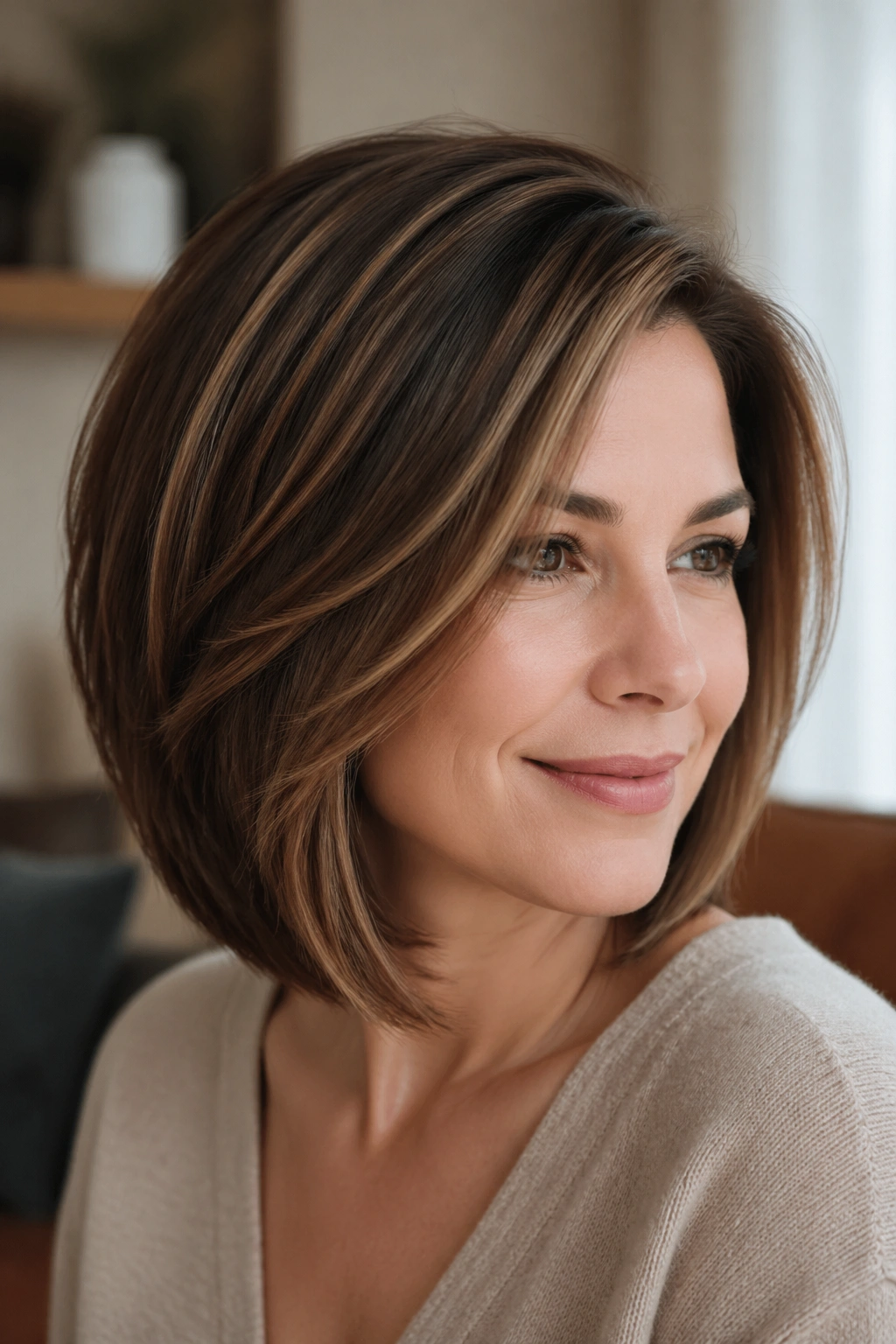 Close-up of a real woman with a side-part bob featuring chestnut and honey highlights in warm window light