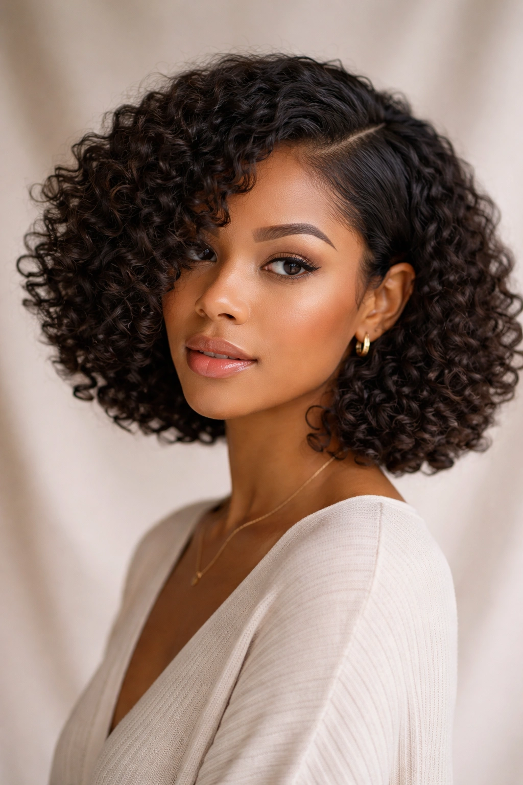 Side-part bob showing face-framing curls around cheekbones