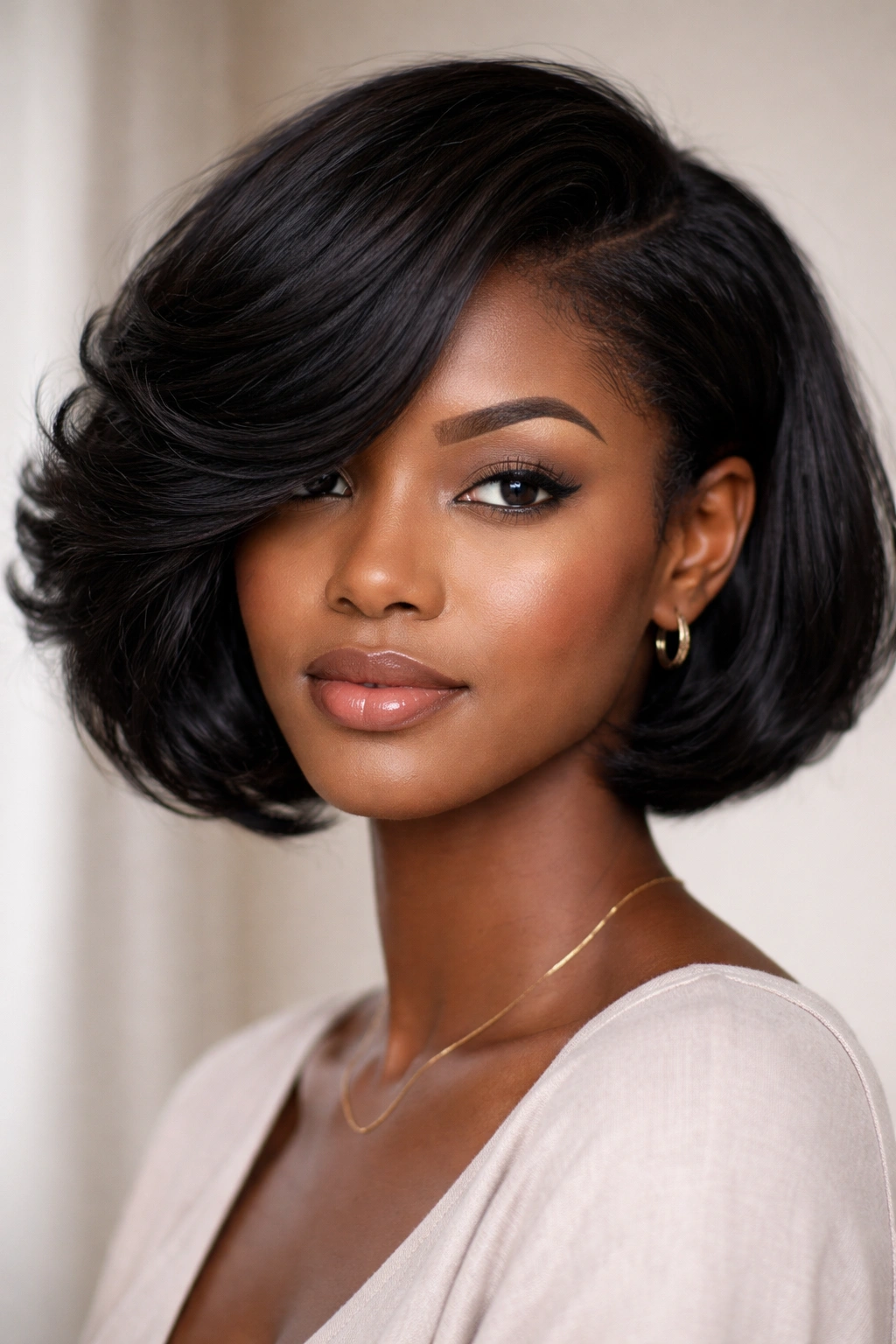 Black woman with side-parted bob and deep diagonal sweep highlighting the part