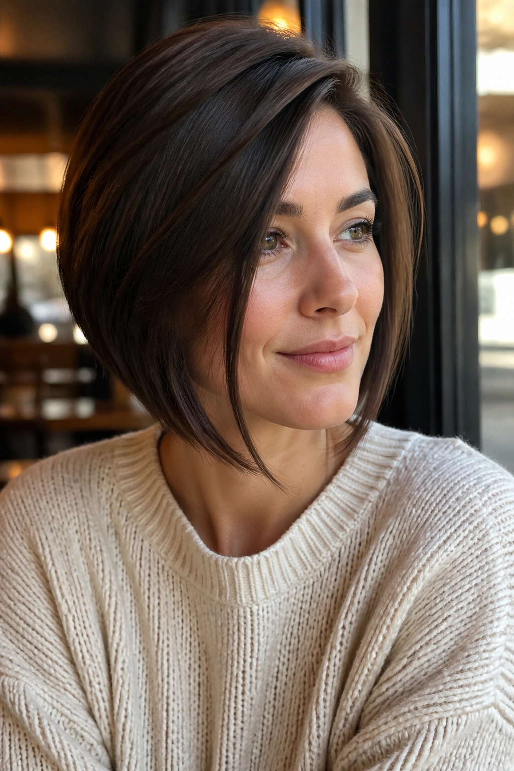 Portrait of a real woman with a side-part bob and face-framing pieces