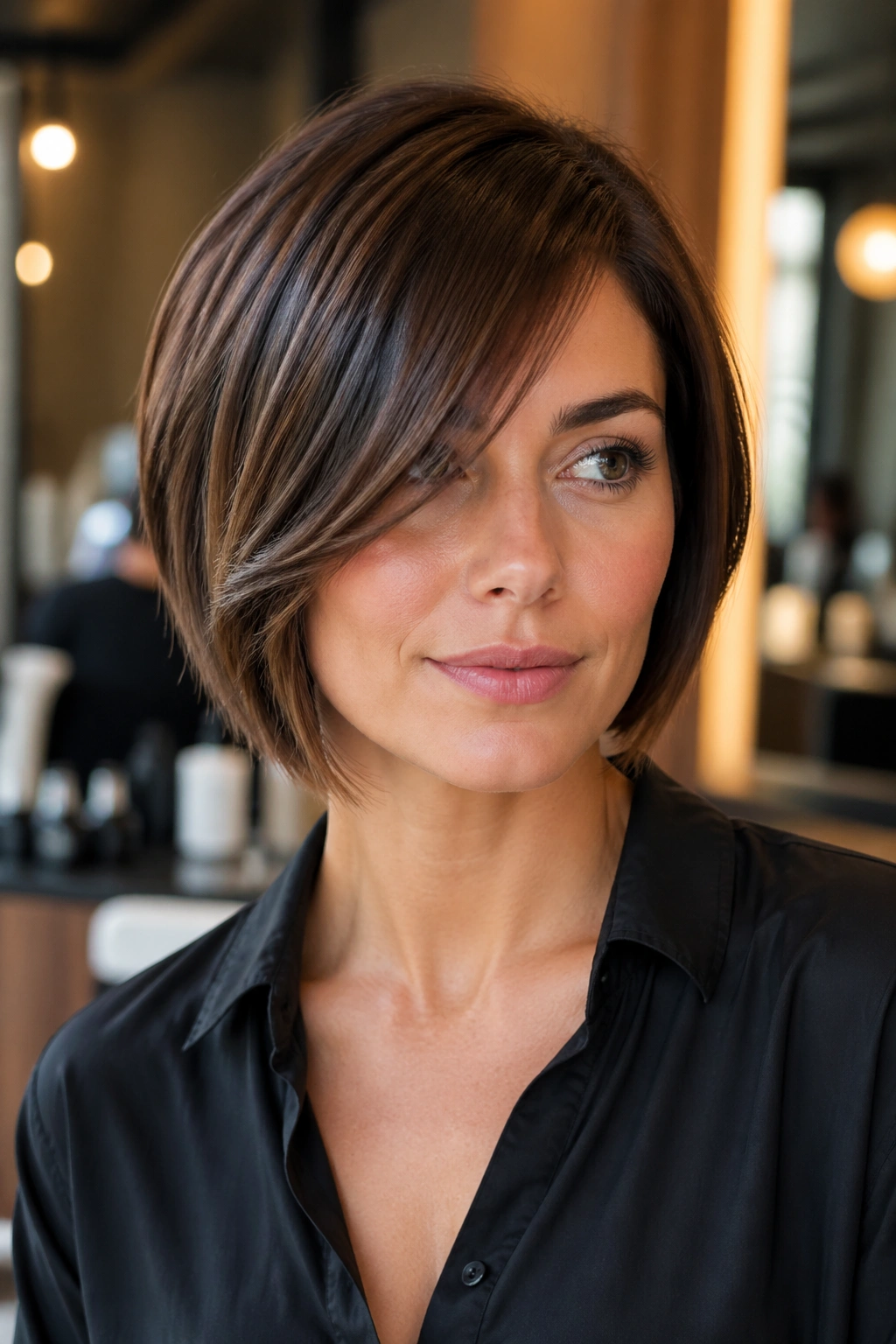 Close-up of a real woman with side-parted bob and long fringe sweeping across forehead
