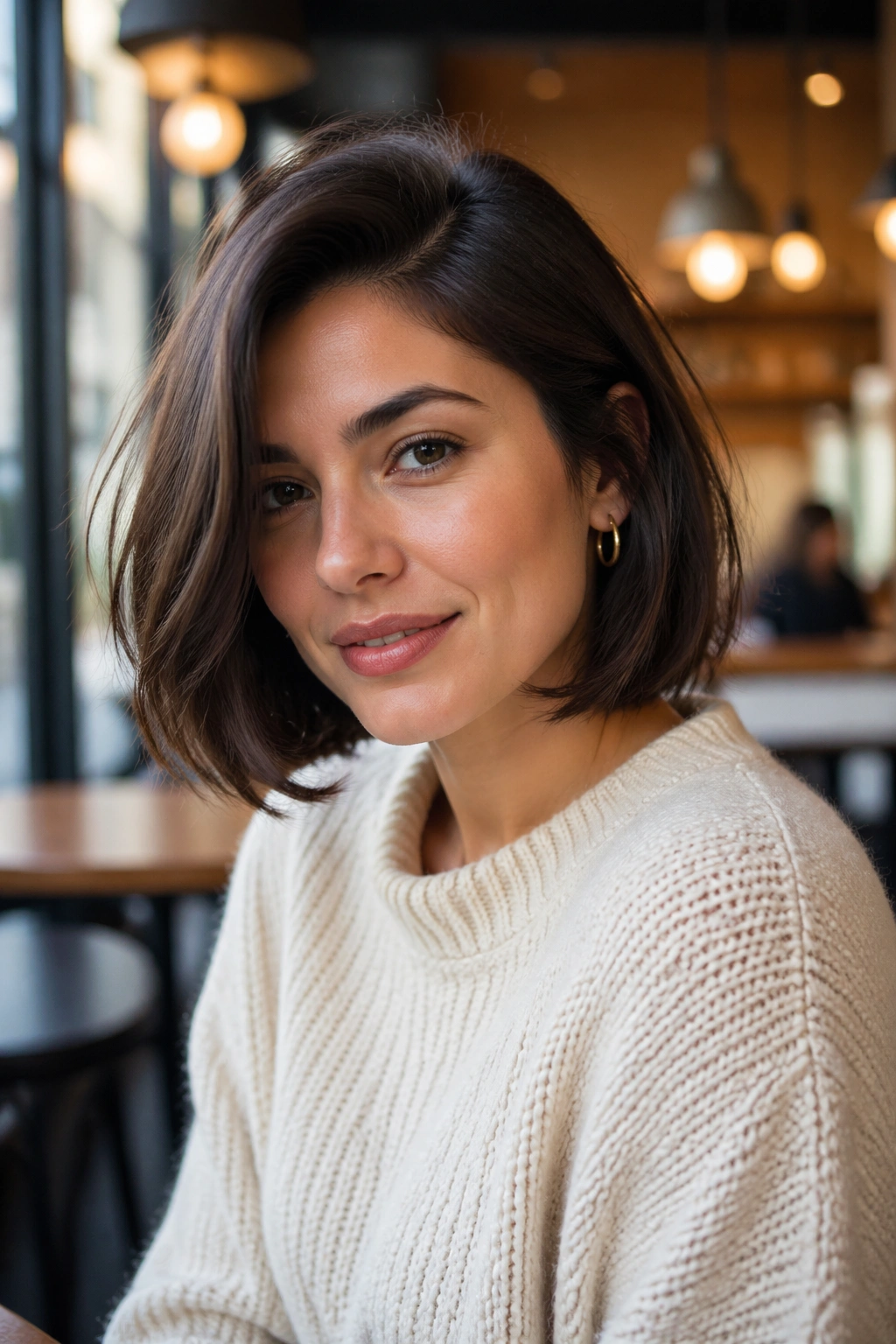 Real woman with deep side-part bob showing lift at roots