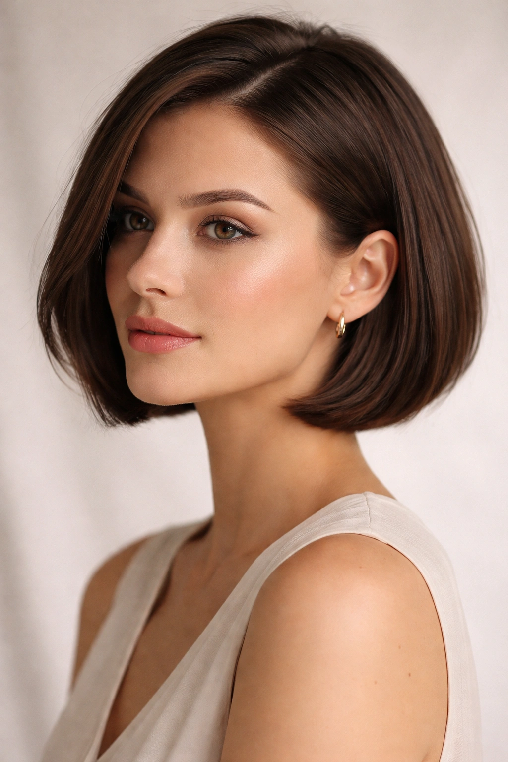 Three-quarter view of side-parted bob close to jawline