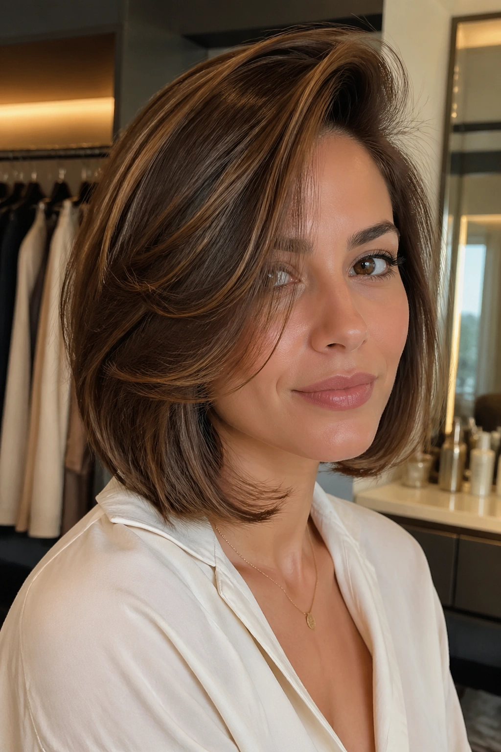 Close-up of a real person with a side-part bob and long sweeping layers