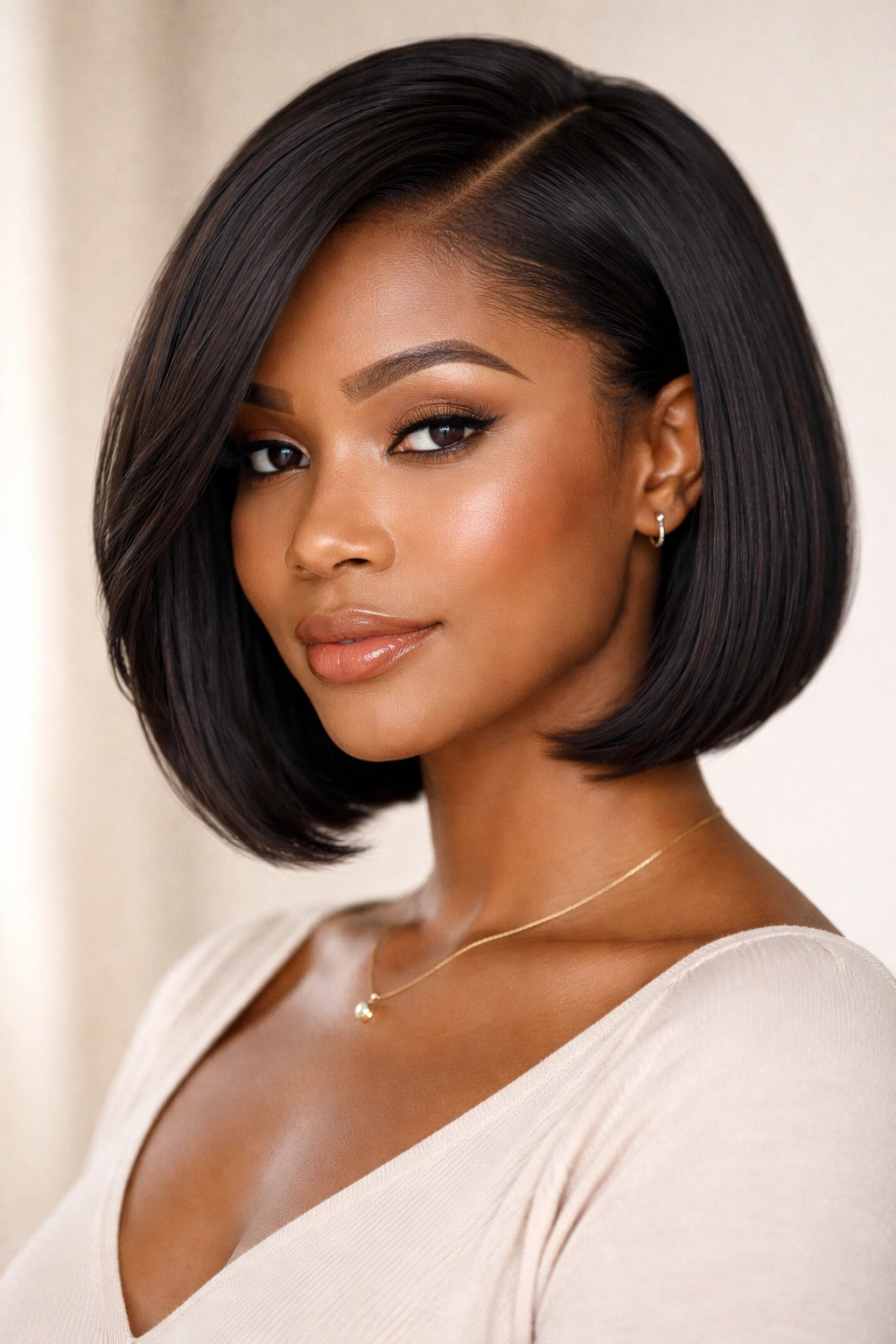 Close-up portrait of a side-parted bob with a deep off-center part.