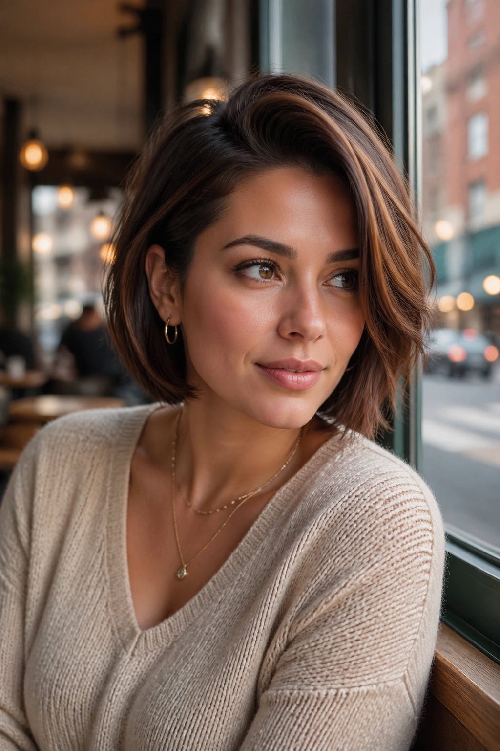 Portrait of woman with deep side-parted bob in cafe light