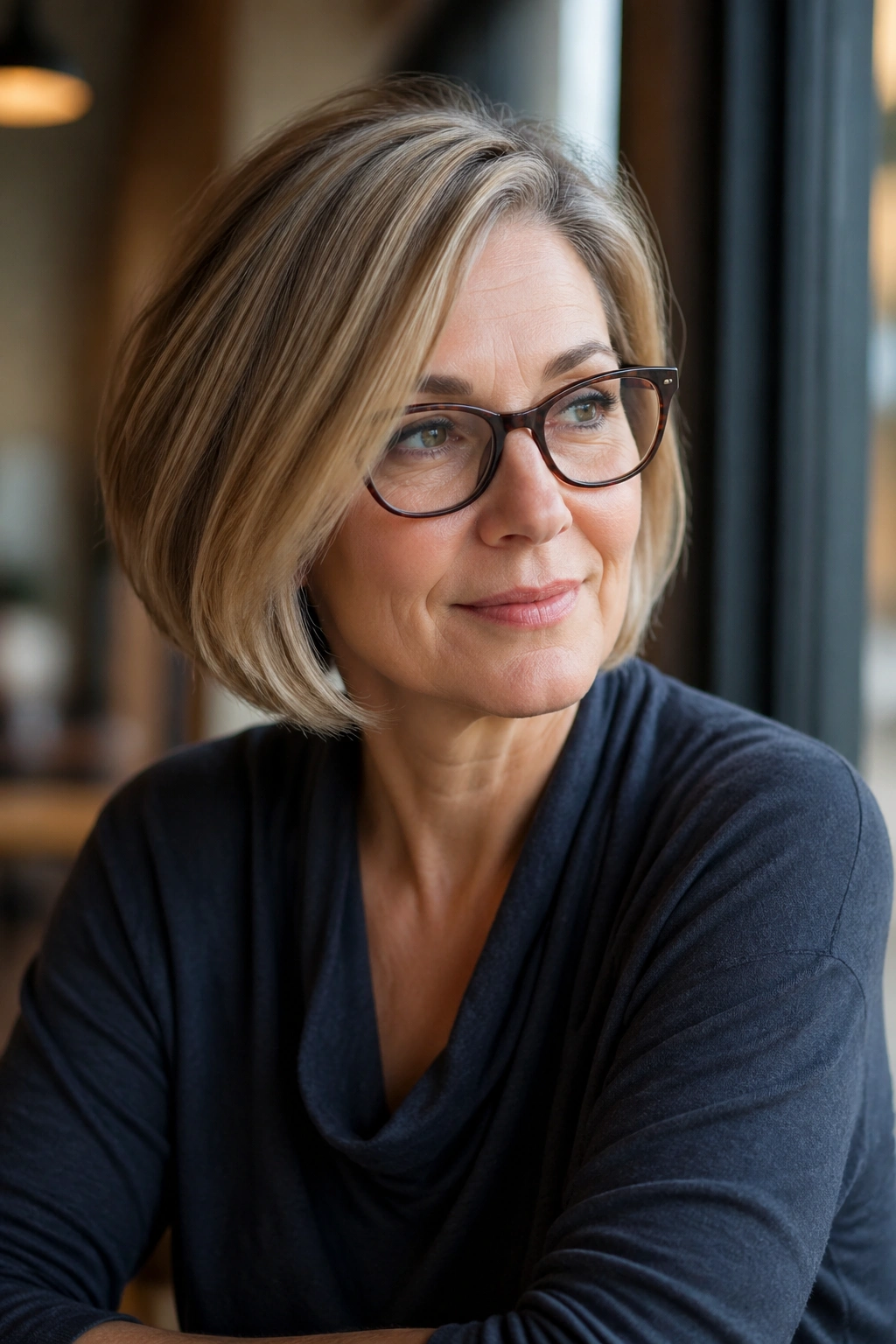 Close-up portrait of a real woman with a side-part bob softening facial features in a cafe setting