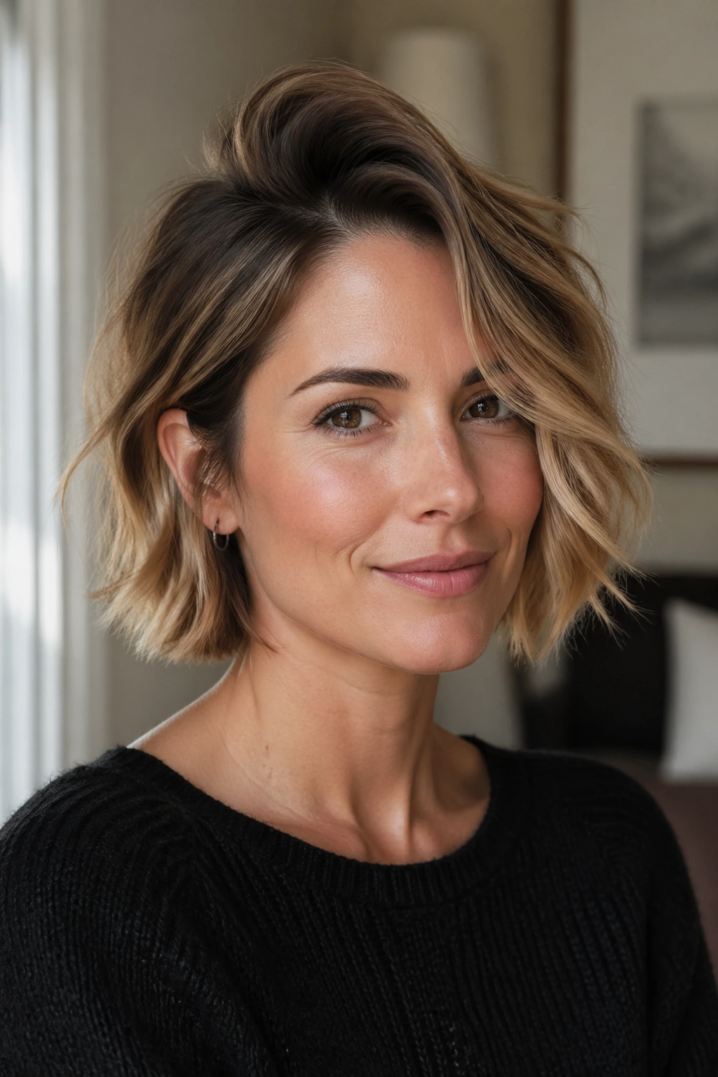 Close-up of a woman with side-part bob and grown-out texture.