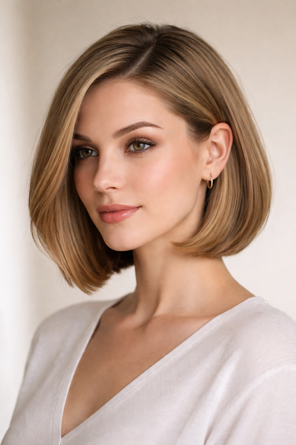 Shoulder-length side-part bob with one side tucked behind the ear