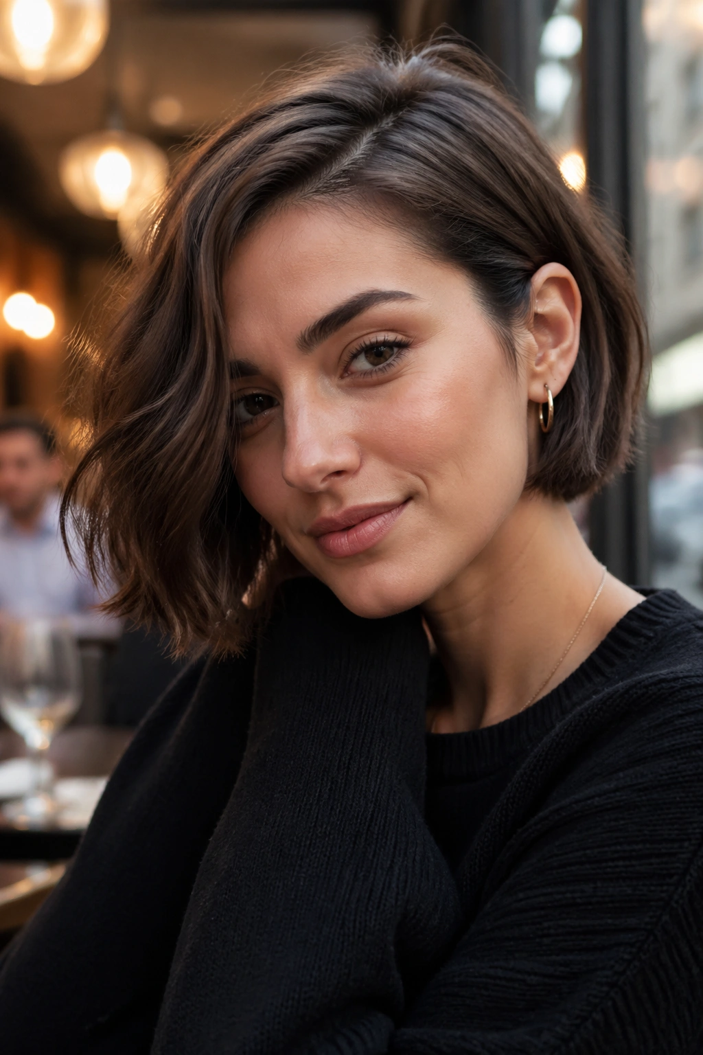 Close-up of a real woman with a side-part French bob wolf cut