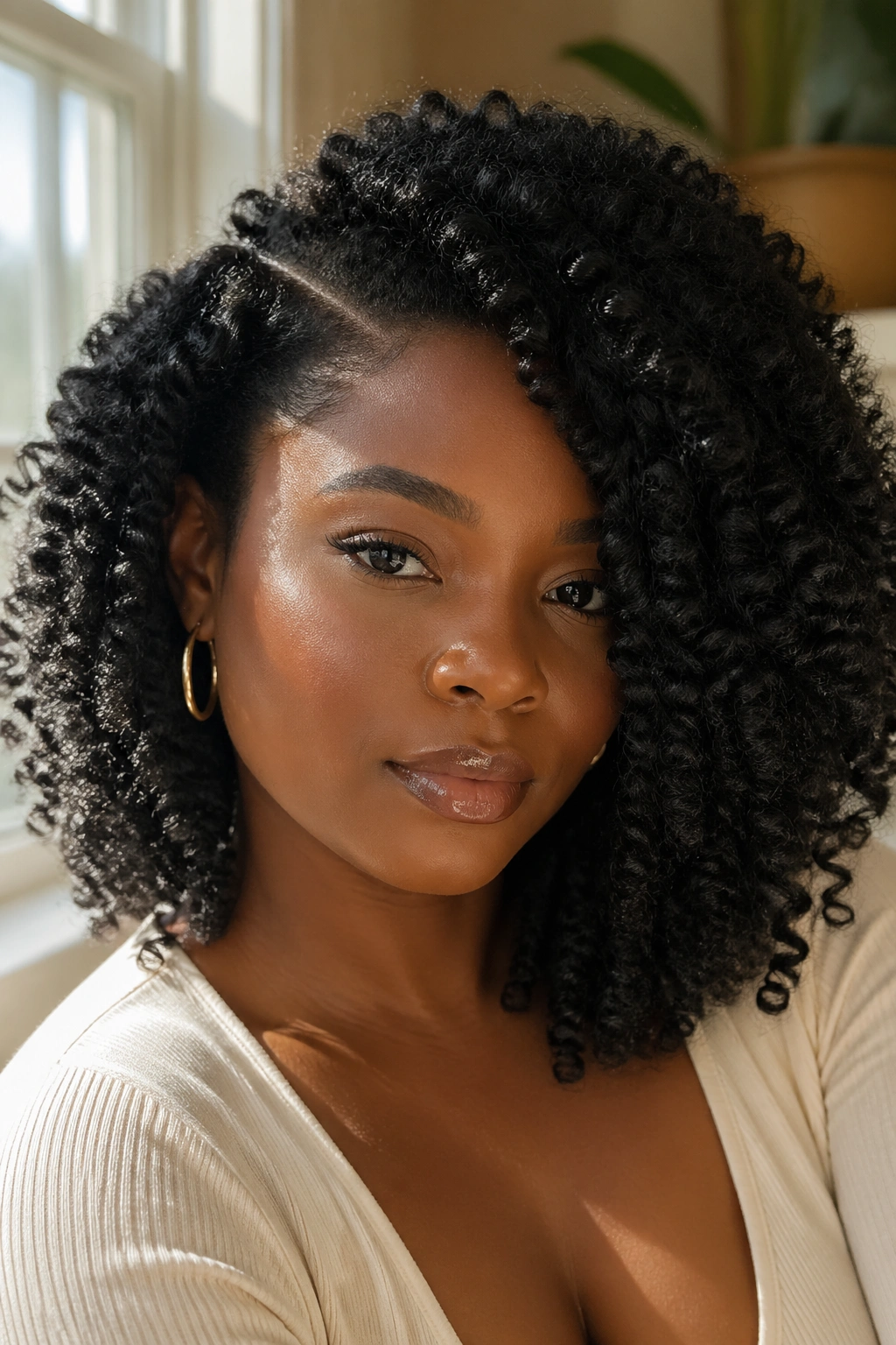 Close-up portrait of a real woman with a crisp side-part crochet afro