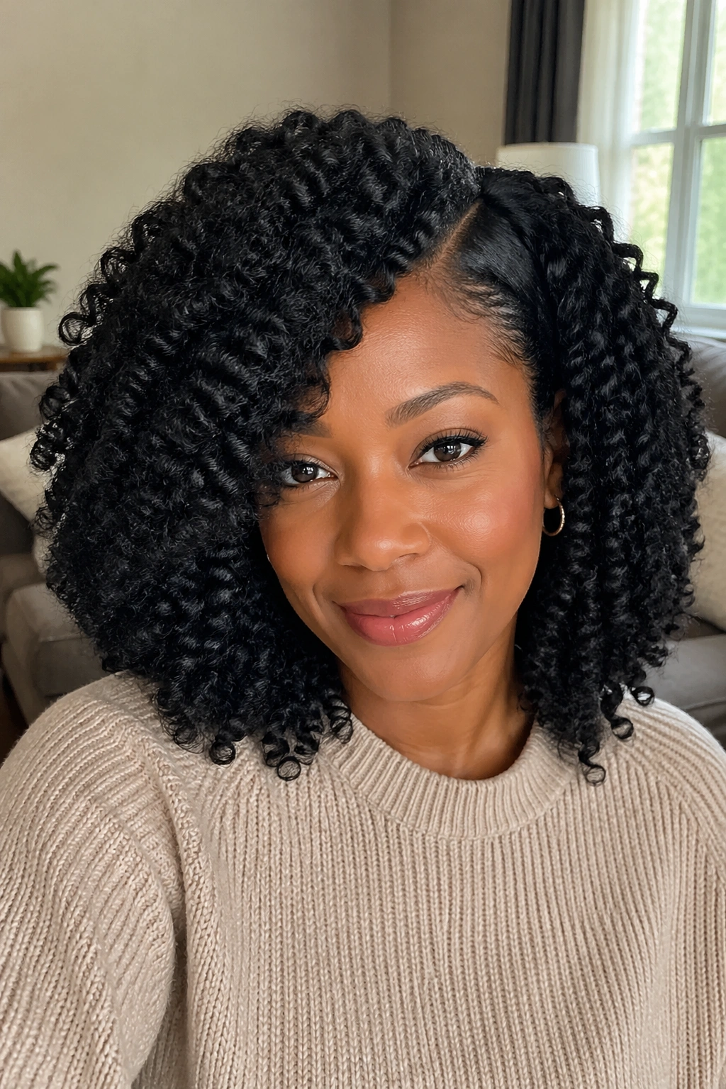 Close-up portrait of a real woman with side-part crochet afro and soft layers by a window
