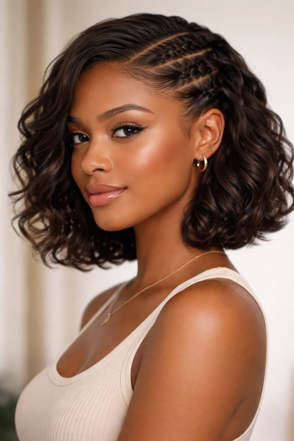 Profile view of side-part crown twists with loose ends on a bob-length hairstyle.